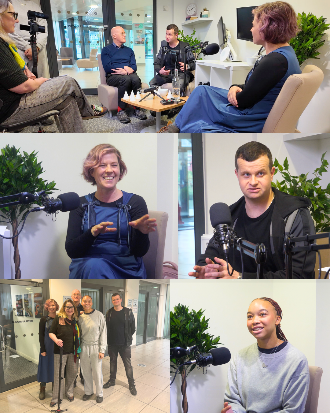 A group of people participating in a podcast recording session indoors. Top image shows four individuals, three women and one man, seated around microphones, with one woman operating a camera. Middle images depict two additional women, one smiling and the other speaking, both with microphones nearby. The bottom left image shows a diverse group of five people standing together in a lobby, and the bottom right shows a woman in a gray sweater speaking into a microphone, with green plants in the background.