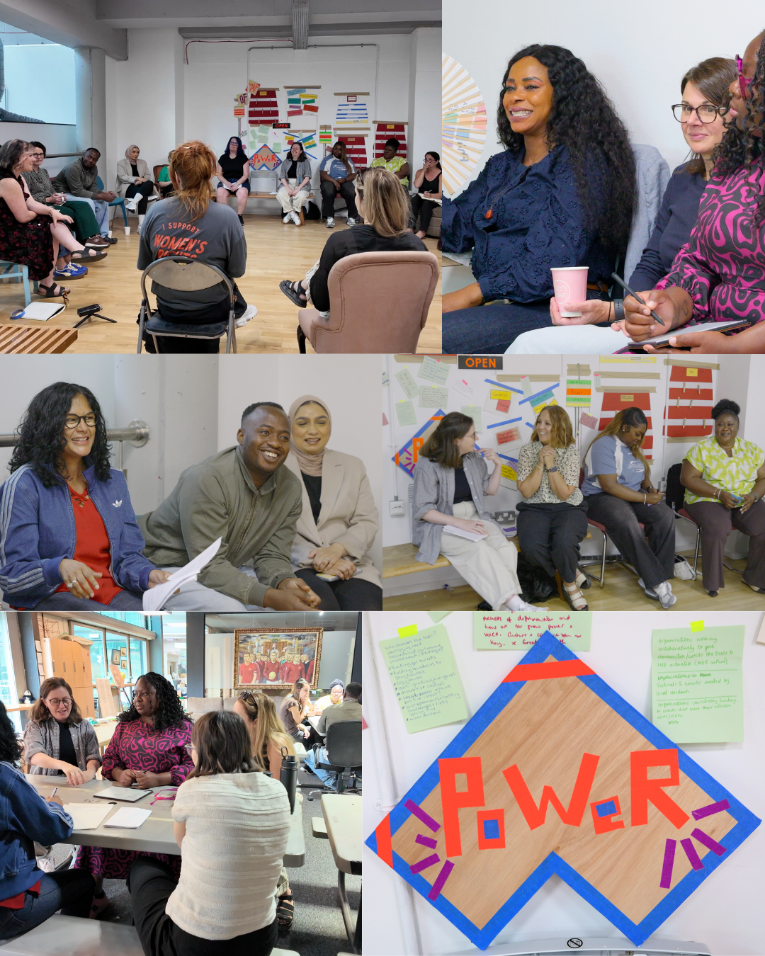 Collage of images showing diverse women participating in a workshop or breakout session, engaging in discussions, sitting in a circle or around tables, with colorful decorations and notes on the wall promoting empowerment.