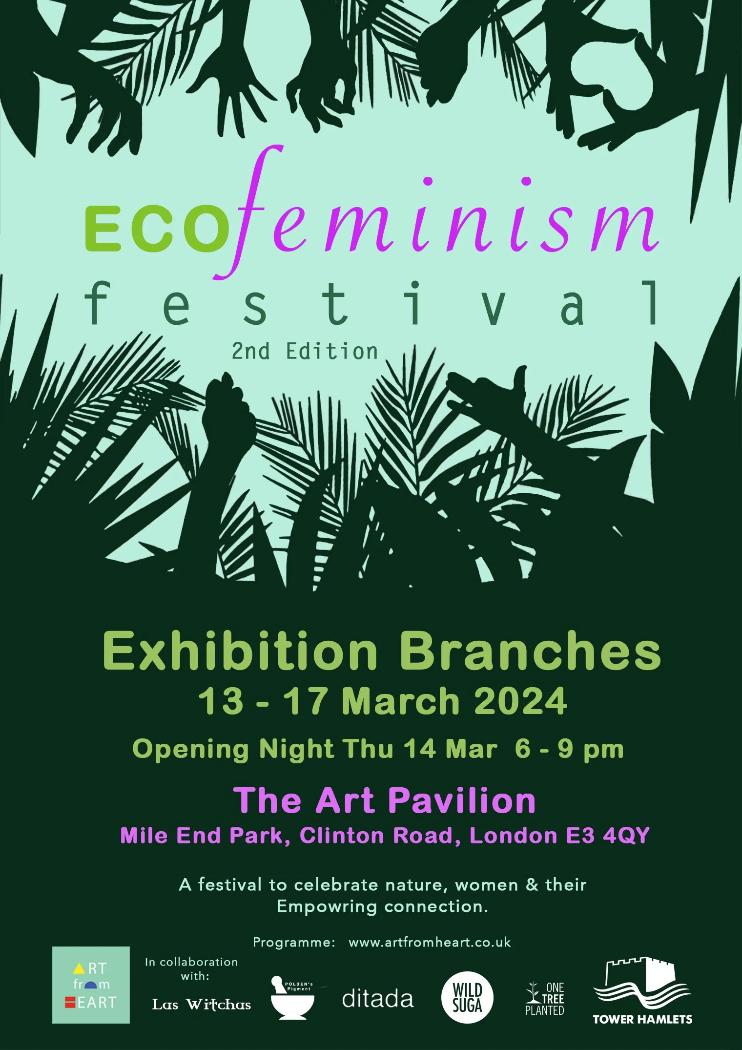 Branches exhibition poster, ECOFeminism Festival, The Art Pavilion, London, curated by ART from HEART CIC