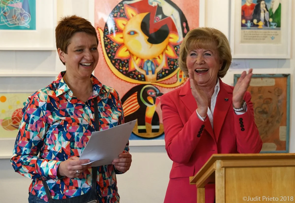 Curator Katja Rosenberg and Bad Oeynhausen Deputy Major Helke Nolte-Ernsting, during the opening reception of In Einem Fernen, Fernen Land exhibition at the Deutsches Märchen- und Wesersagenmuseum, Bad Oeynhausen, Germany
