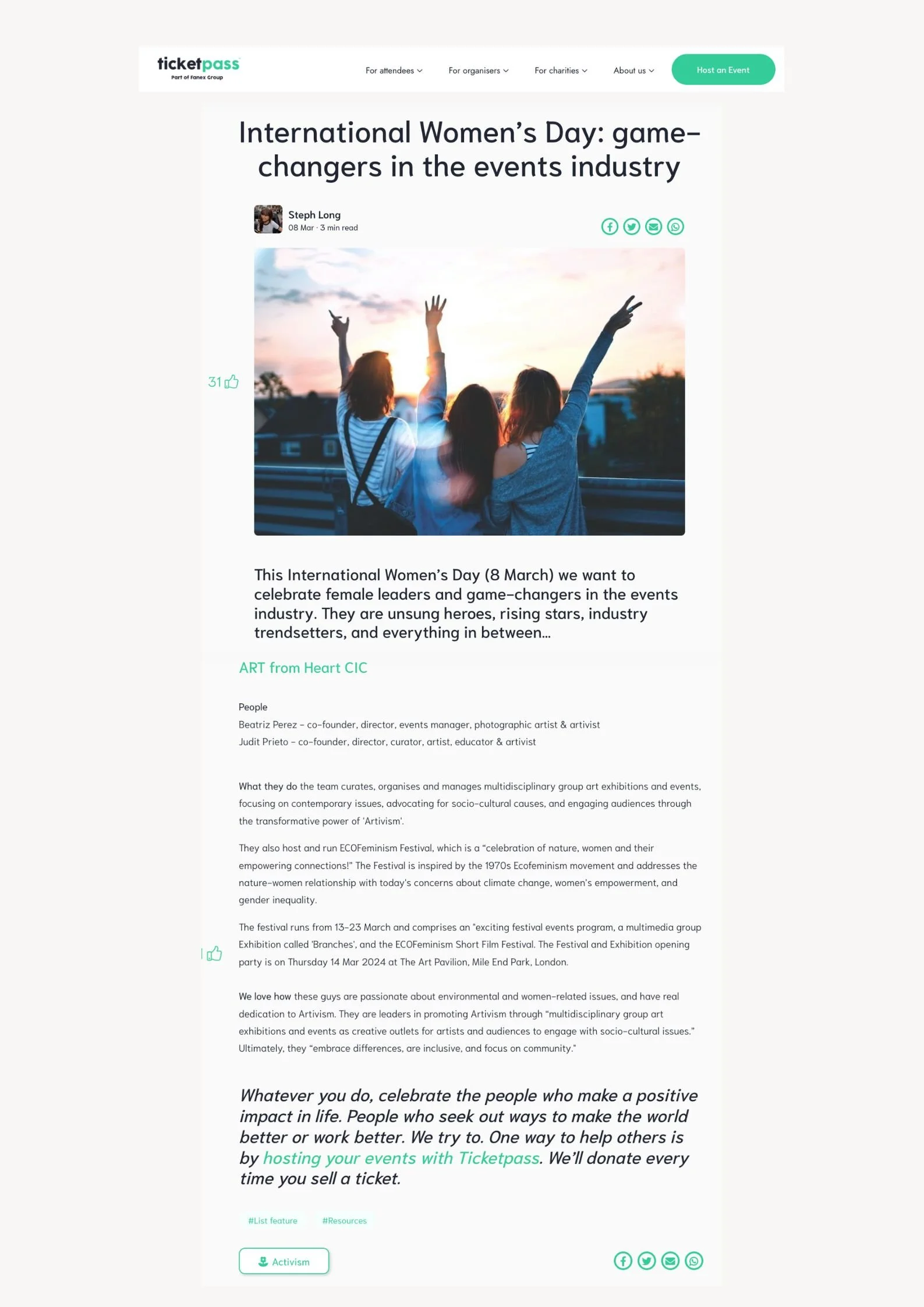 Featured as female game-changers in the events industry in the Ticketpass Blog online. 