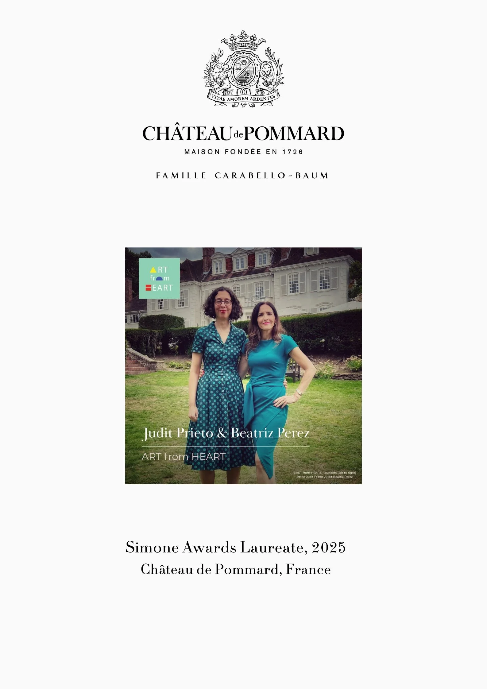 Recipient of the Simone Awards 2025 at Château de Pommard, France, honouring ART from HEART’s work in art, sustainability, and women’s empowerment
