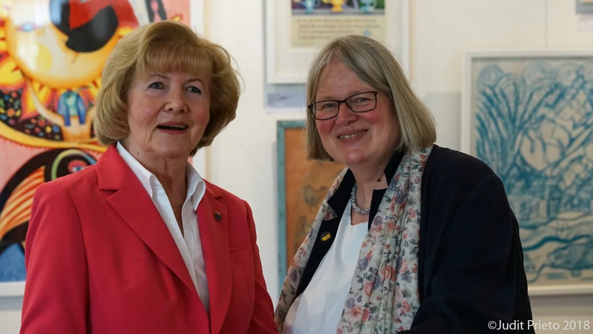 Portrait of Deputy Major Helke Nolte-Ernsting and museum director Dr Hanna Dose at In Einem Fernen, Fernen Land exhibition opening, Deutsches Märchen- und Wesersagenmuseum, Bad Oeynhausen, Germany
