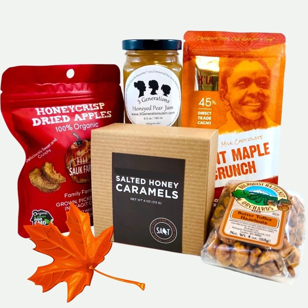 Fall Favorites gift basket with dried apples, pear jam, salted caramels, toffee hazelnuts, and maple chocolate.