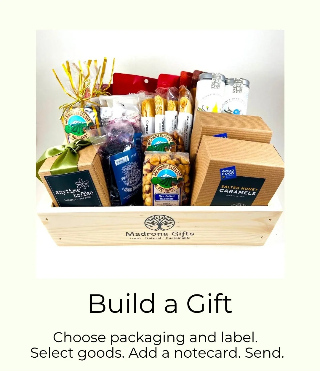 Choose gift packaging and add goods. Add a theme and notecard. Send.