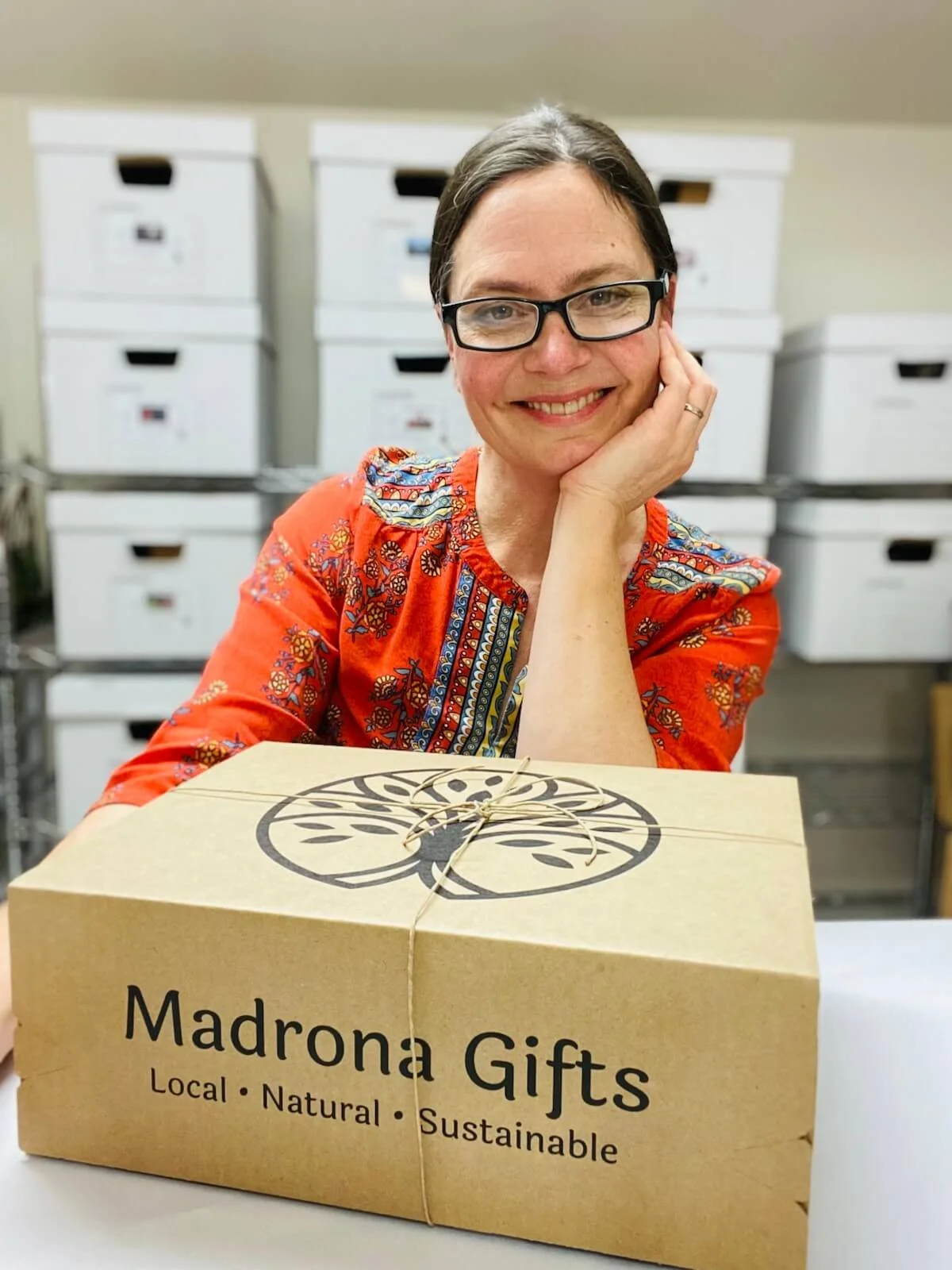 Kirsten with her gift boxes