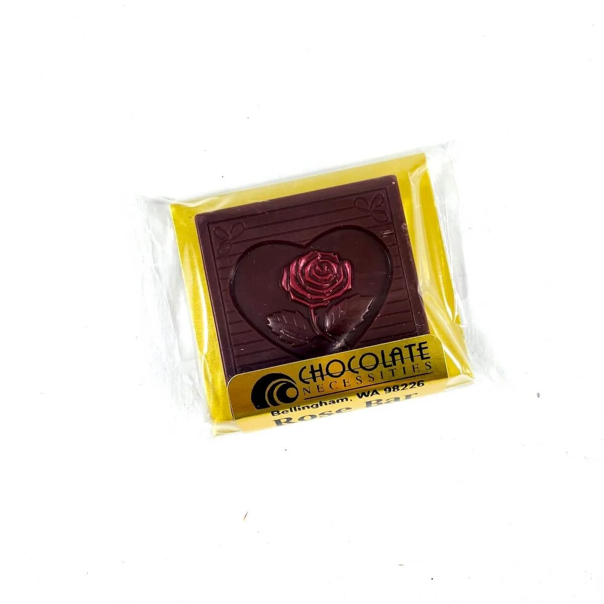 Chocolate bar stamped with a heart and rose
