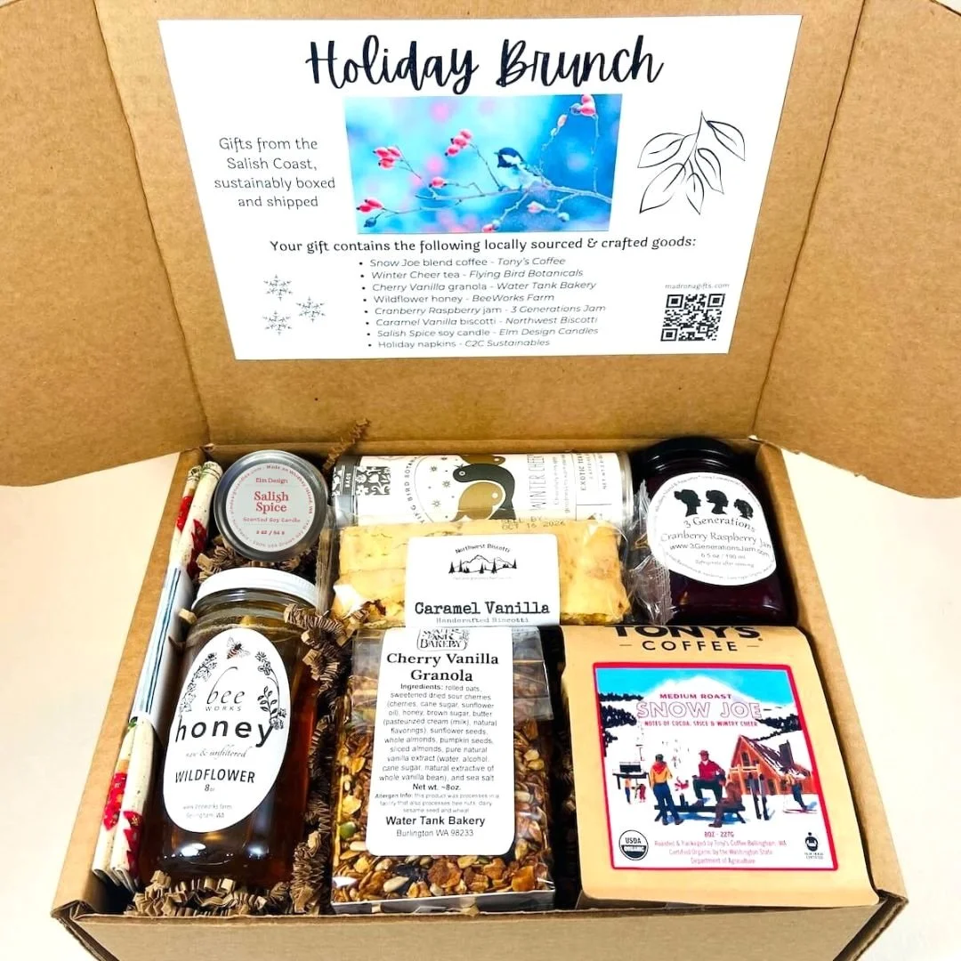 Brunch gift basket for the holidays in a branded mailer