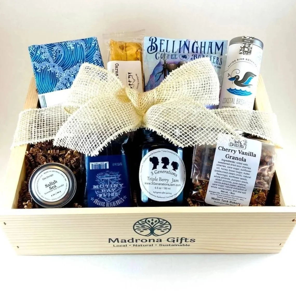 Coastal Brunch gift box in a wooden box with a bow