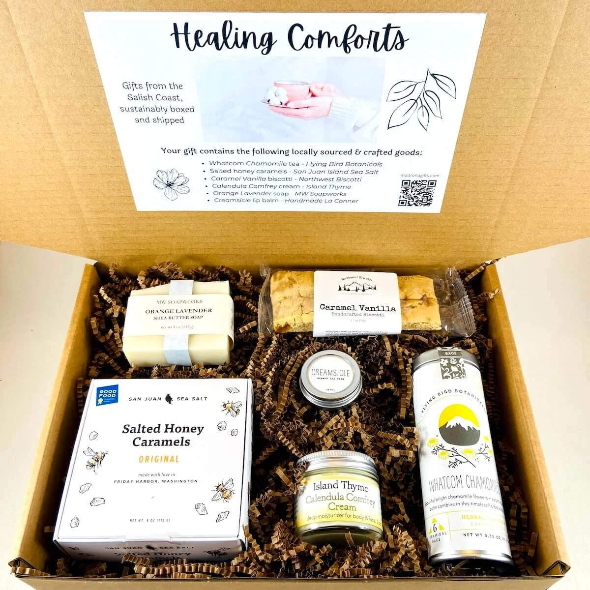Healing Comforts gift box in a branded mailer