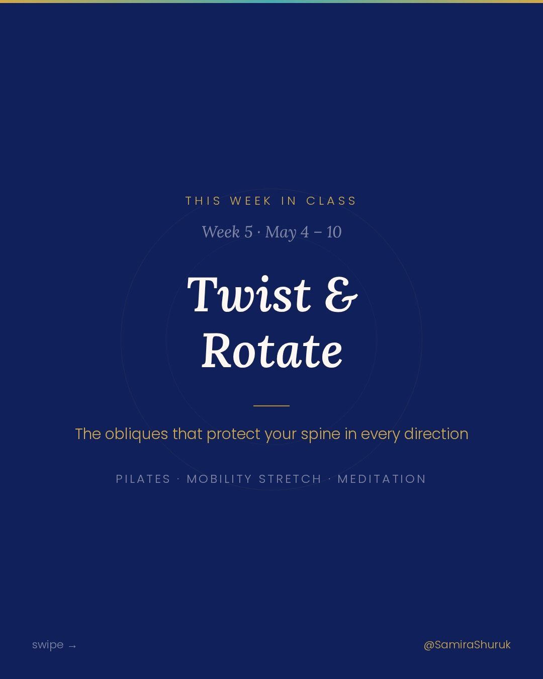 This week we&rsquo;re working the obliques &mdash; two layers of muscle that wrap around your torso in opposite diagonal directions, like a natural corset.
When they&rsquo;re strong and coordinated, they protect your spine during rotation. When they&
