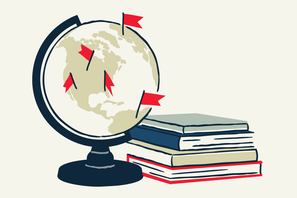 austin texas portrait hand drawn illustration globe and books
