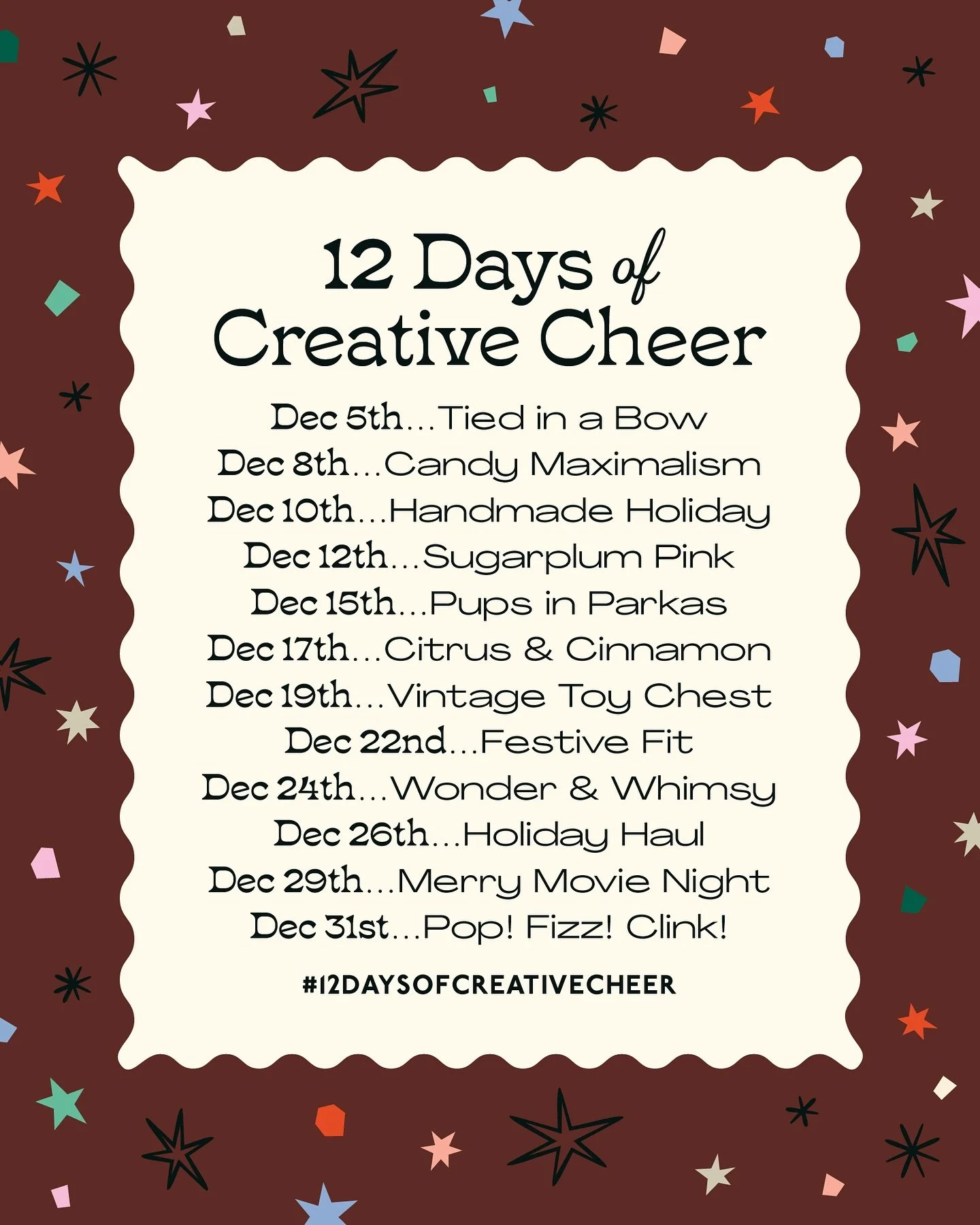 🌲❄️⛄️The prompt list is here! I&rsquo;m hosting 12 Days of Creative Cheer with @britdrotshop @laurasupnik @bee_creates and @chanellkristen 

12 Days of Creative Cheer is a 4 week 12 prompt creative challenge starting December 5th!

Dec 5: tied in a 