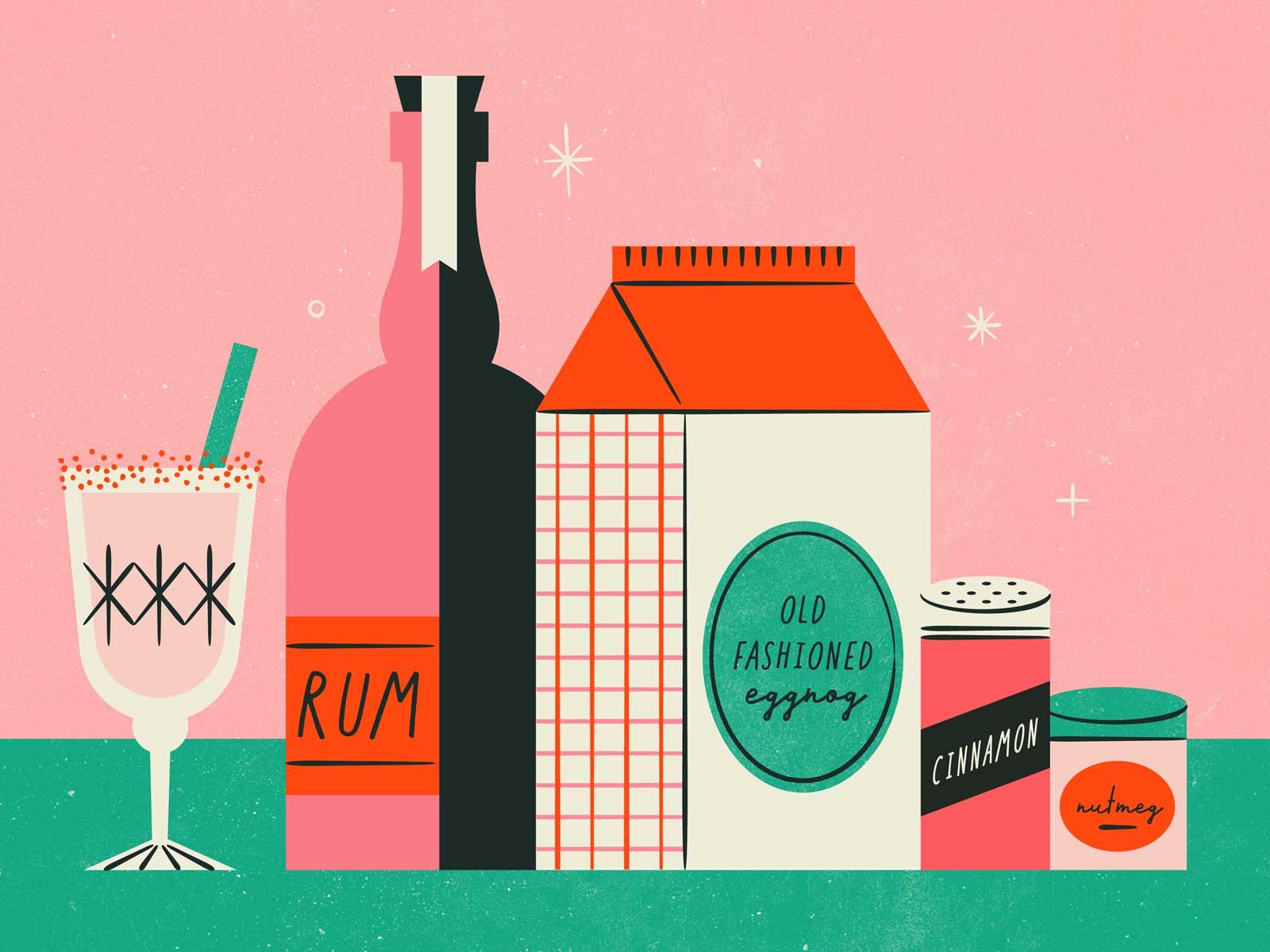 colorful mid century holiday eggnog cocktail recipe illustration