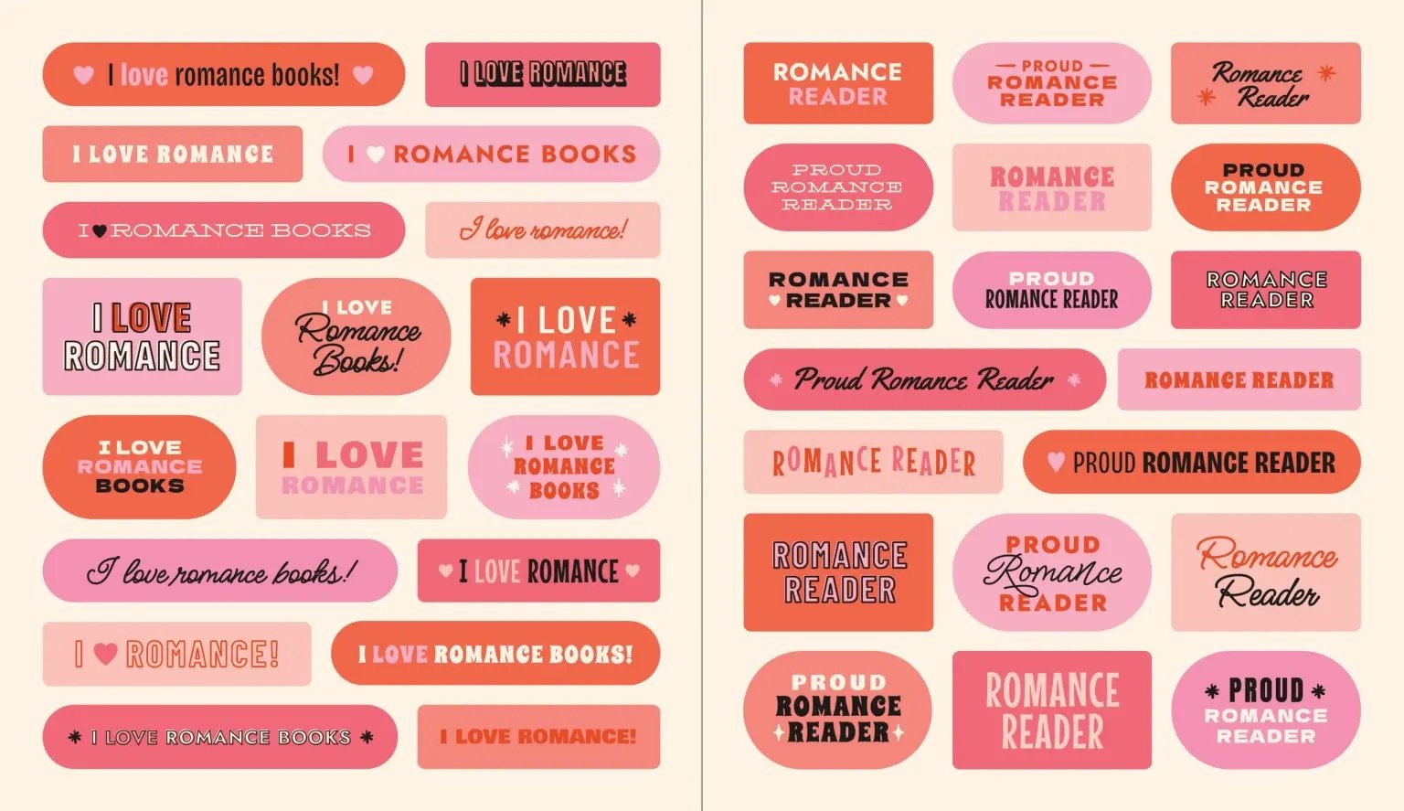 illustrated sticker book spread of type based romance themed stickers