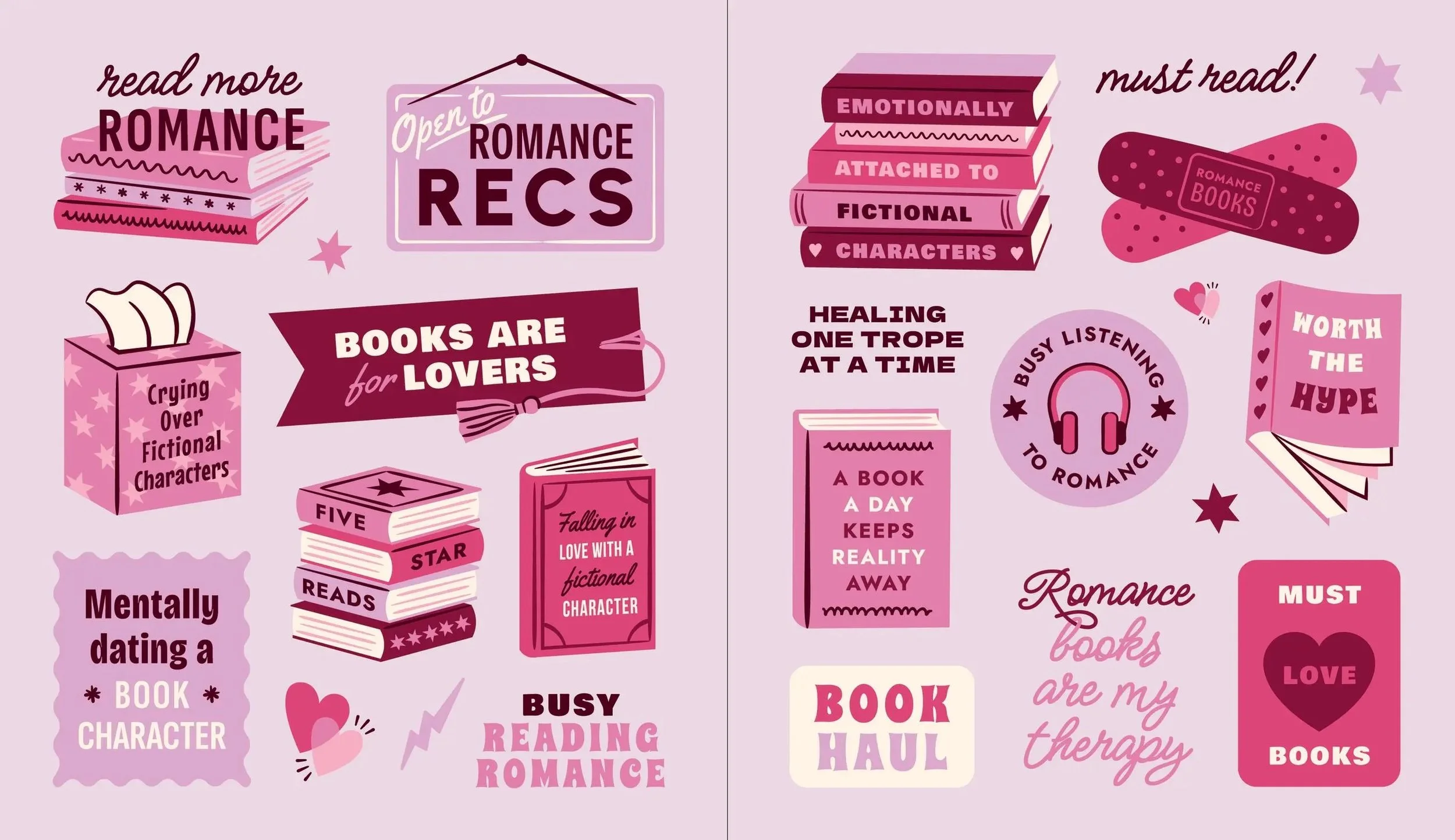 illustrated sticker book spread of book lover themed stickers