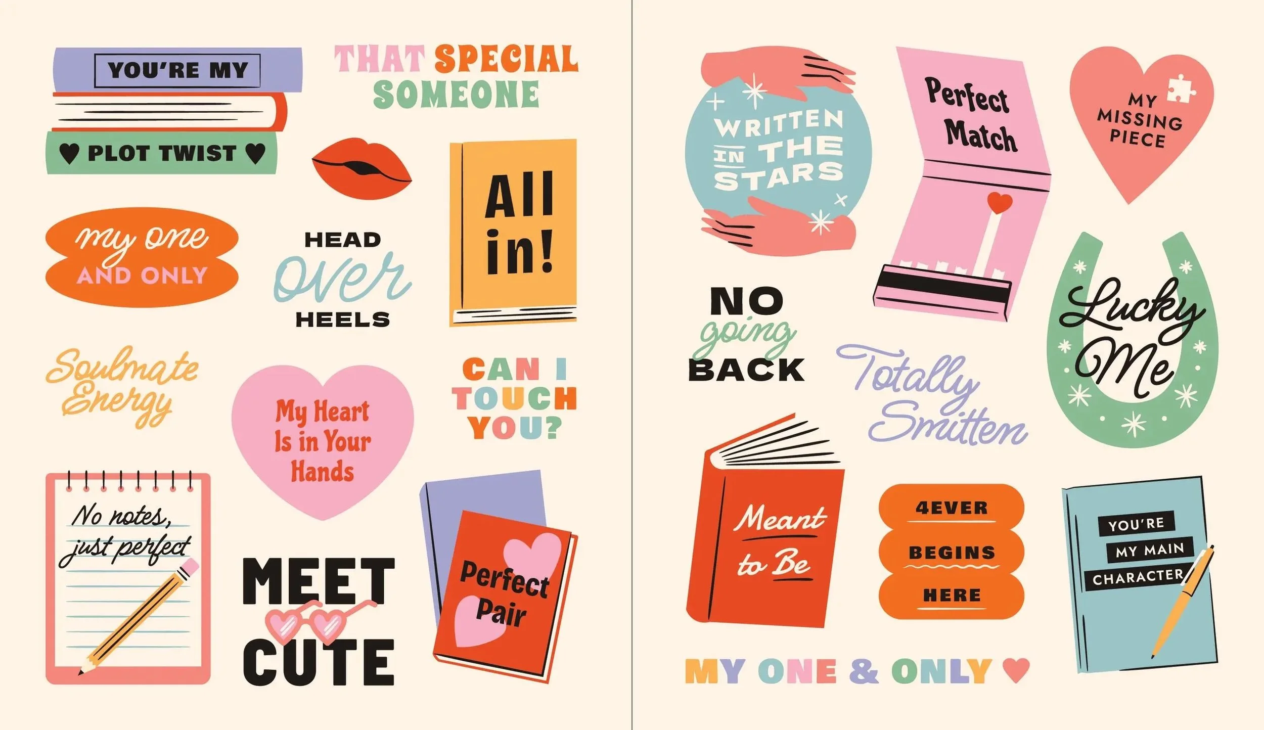 illustrated sticker book spread of romance themed phrases paired with illustration