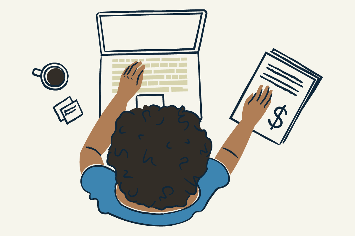 austin texas portrait hand drawn illustration woman on computer