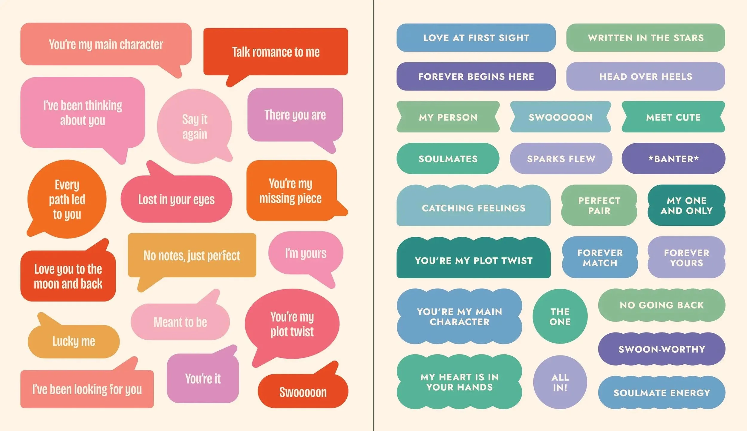 illustrated sticker book spread of romance book quotes in colored shapes
