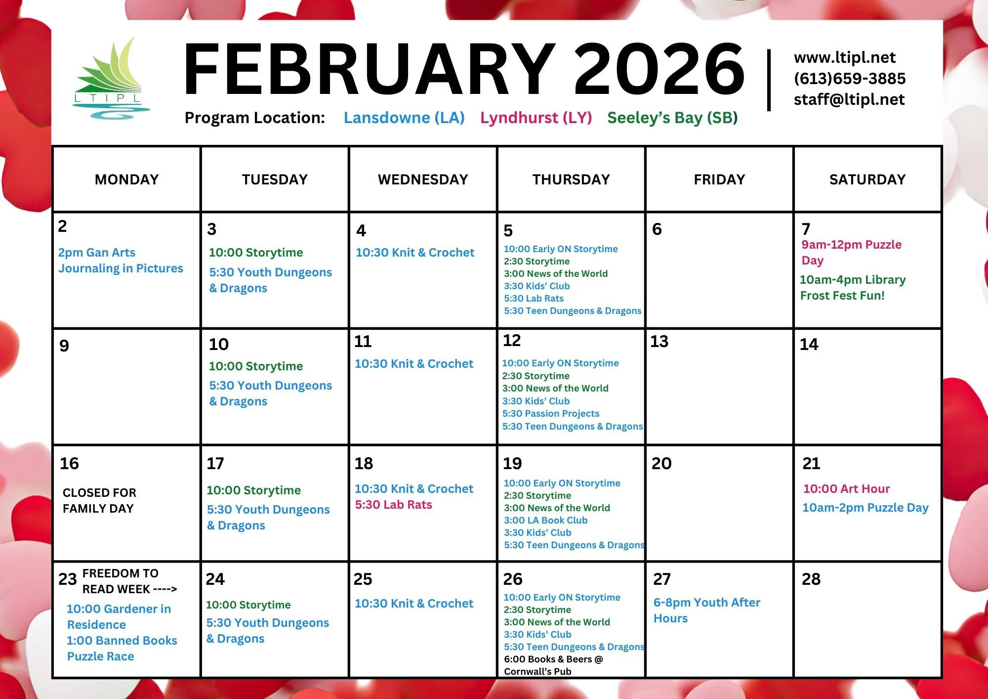 Our February Calendar is ready to go! Check out all the fun planned throughout the month. 

February Highlights:
- New sessions for Youth and Teen Dungeons &amp; Dragons!
- February 7th Extended Hours (10am-4pm) and Frost Fest Fun in Seeley's Bay!
- 
