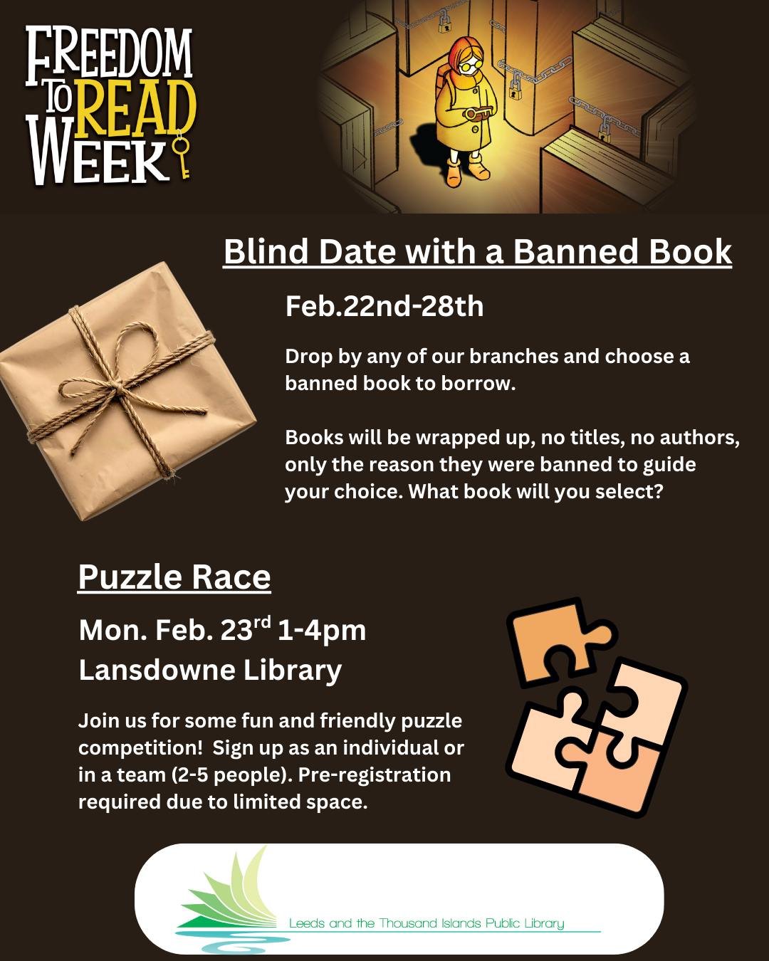Registration is open for our Freedom to Read Week Puzzle Race! Sign up individually or as a team (2-5 people) to join us for some puzzling fun and competition on Monday Feb. 23rd from 1-4pm. Pre-register today to save your spot - staff@ltipl.net, 613