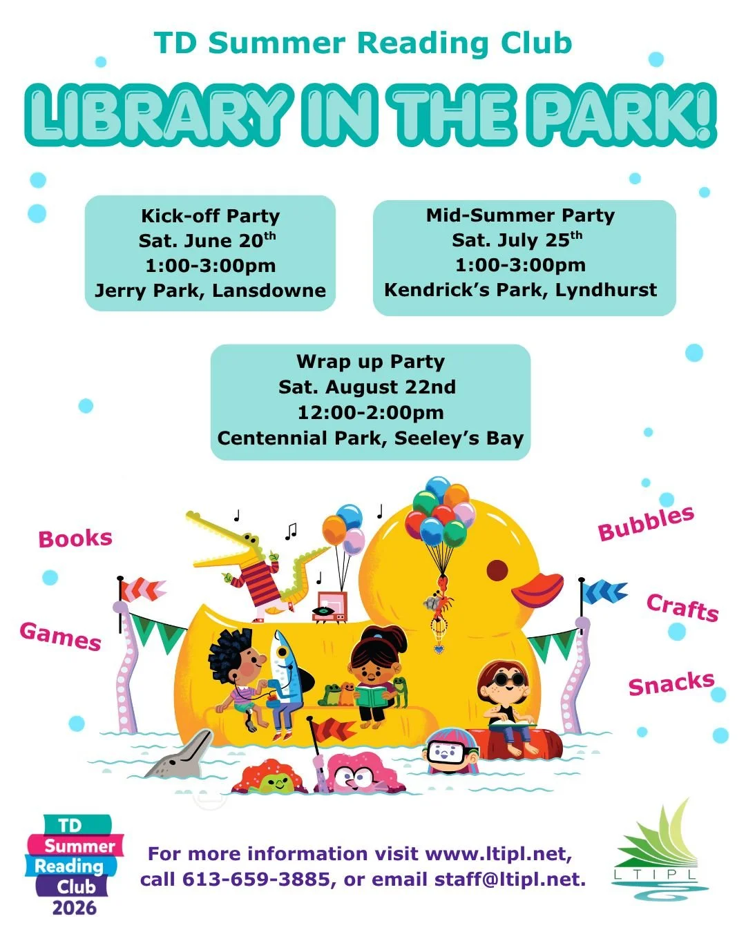 TD Summer Reading Club is kicking off June 20th from 1-3pm at Jerry Park in Lansdowne! Join us to register, play games, do crafts, have some bubble fun, enjoy a light snack, or even borrow a book. Special thanks to the LAS Junior Fairboard who will b