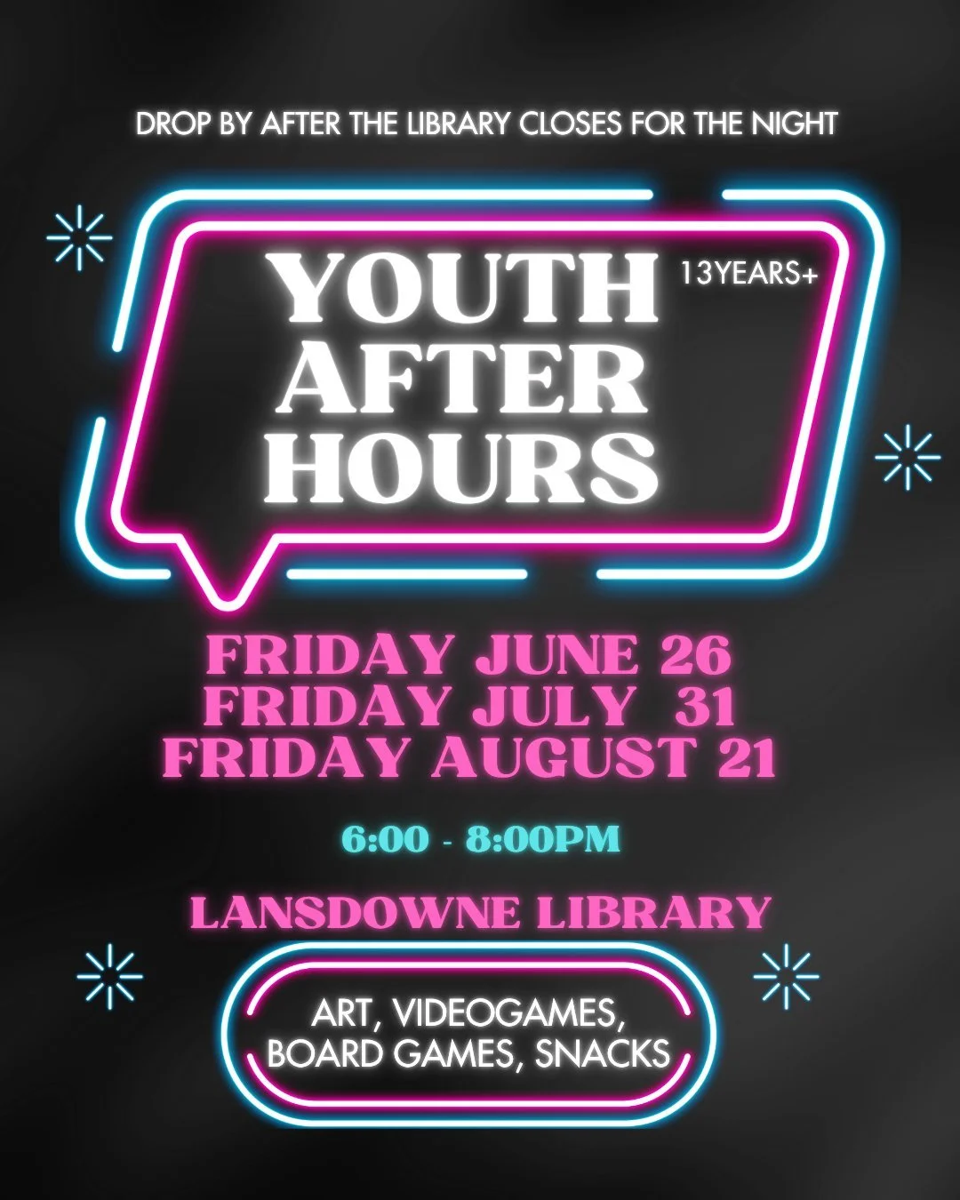 Unfortunately we will not be hosting our Youth After Hours program for August. Youth After Hours will return in September so stay tuned!
