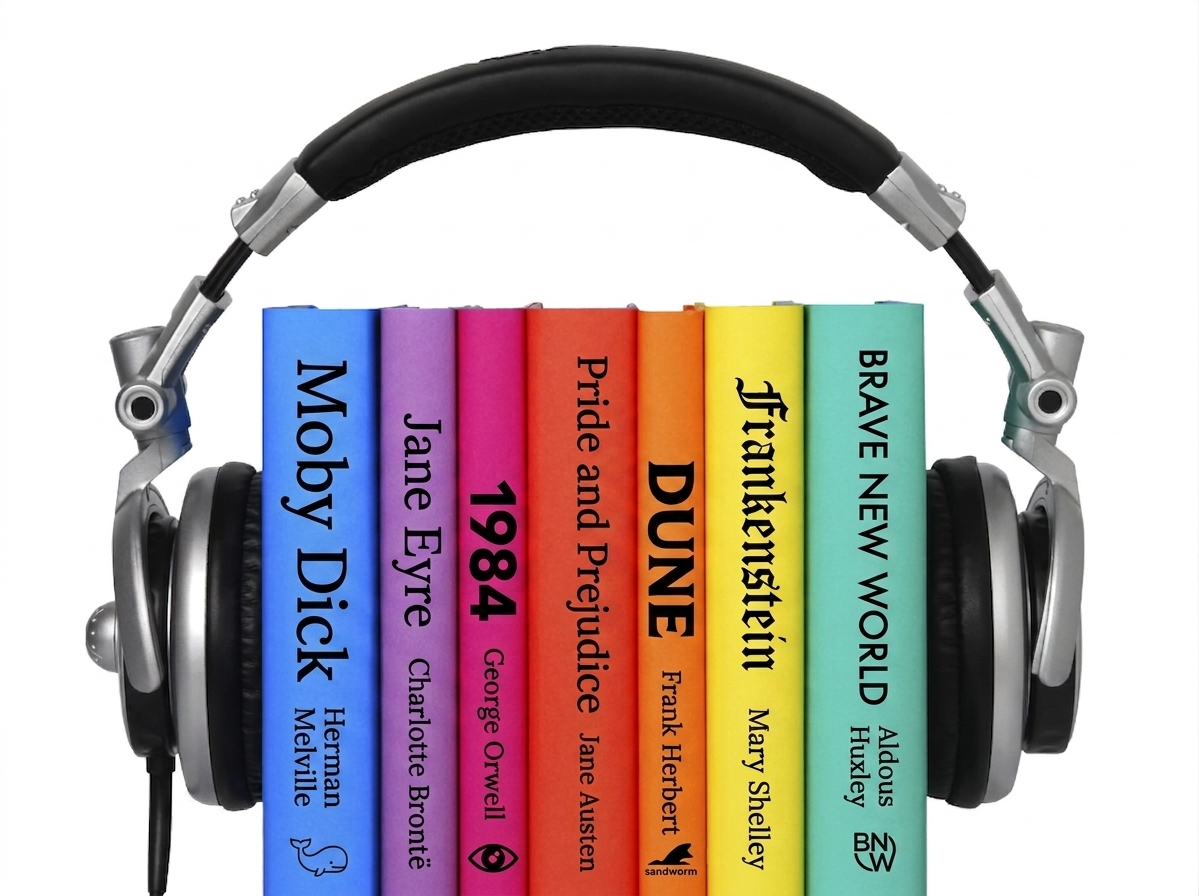 Books with headphones around them