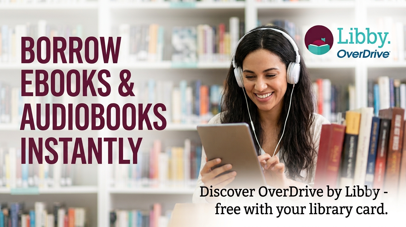 image of a woman holding tablet and wearing headphones. The caption reads "Borrow ebooks & audiobooks instantly"