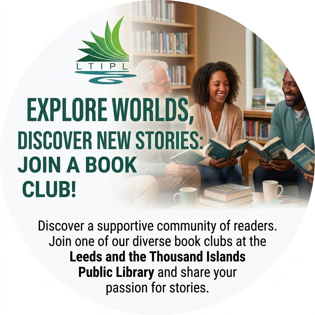 Image of three adults looking at open books and smiling. It is overlayed with text inviting readers to explore worlds, discover new stories and join a book club.