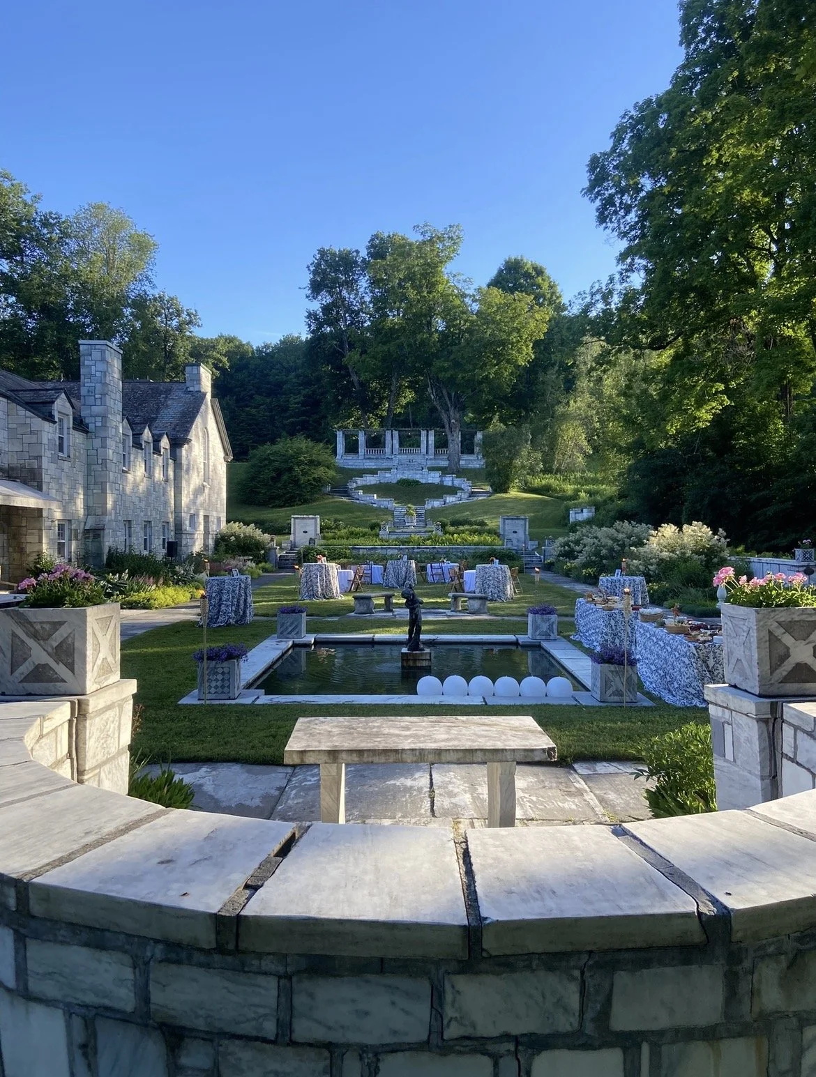 Dorset Marble House Project Wedding Welcome Party in Dorset Vermont with Marble walls and fountains.