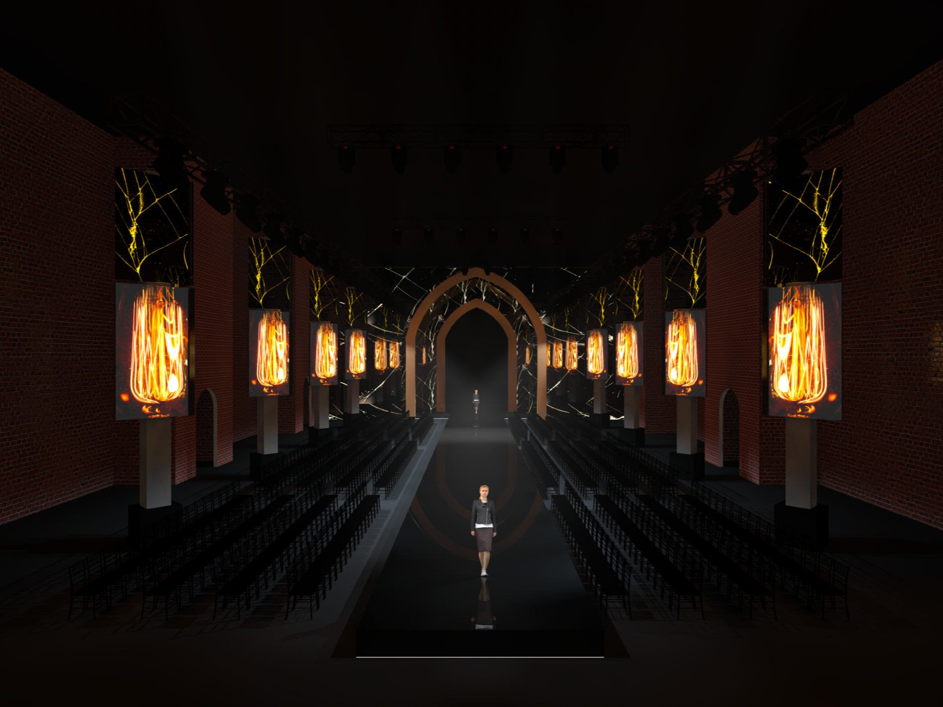 Fashion runway with illuminated screens displaying abstract flames, brick walls, and an arched entrance at the end of the runway.
