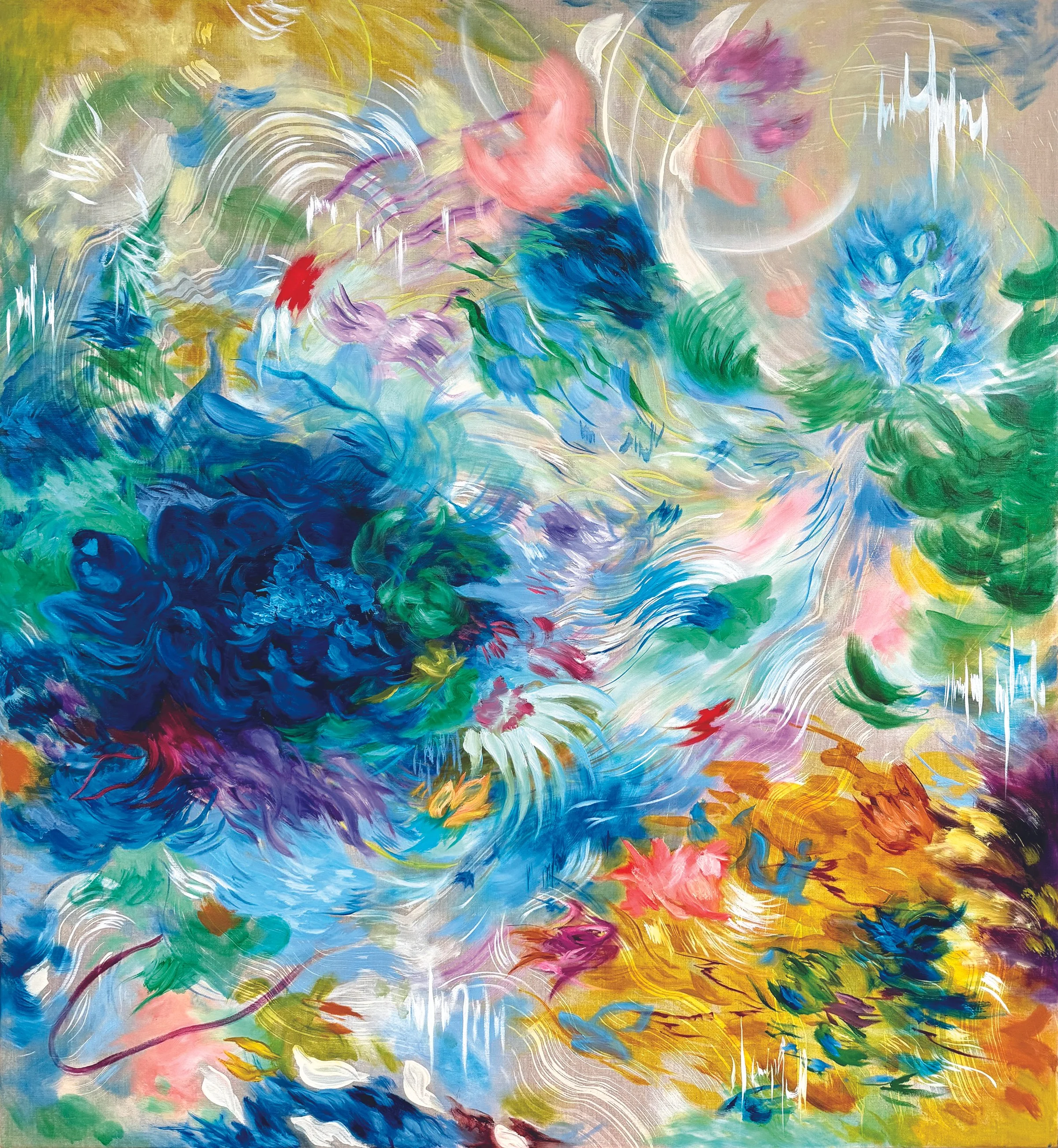 The lunar frequency: 44x48in, oil, acrylic on linen