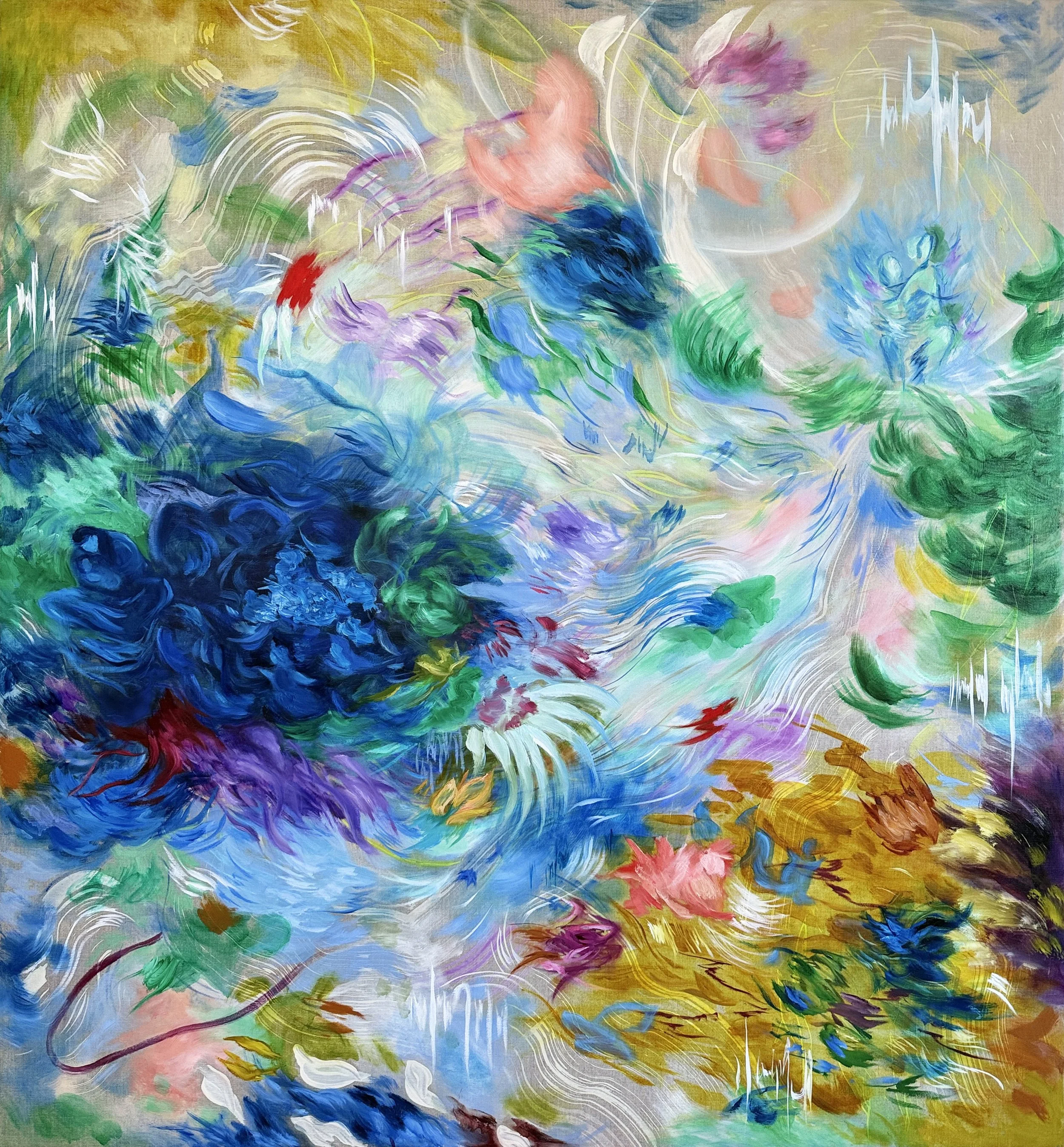 The lunar frequency: 44x48in, oil, acrylic on linen