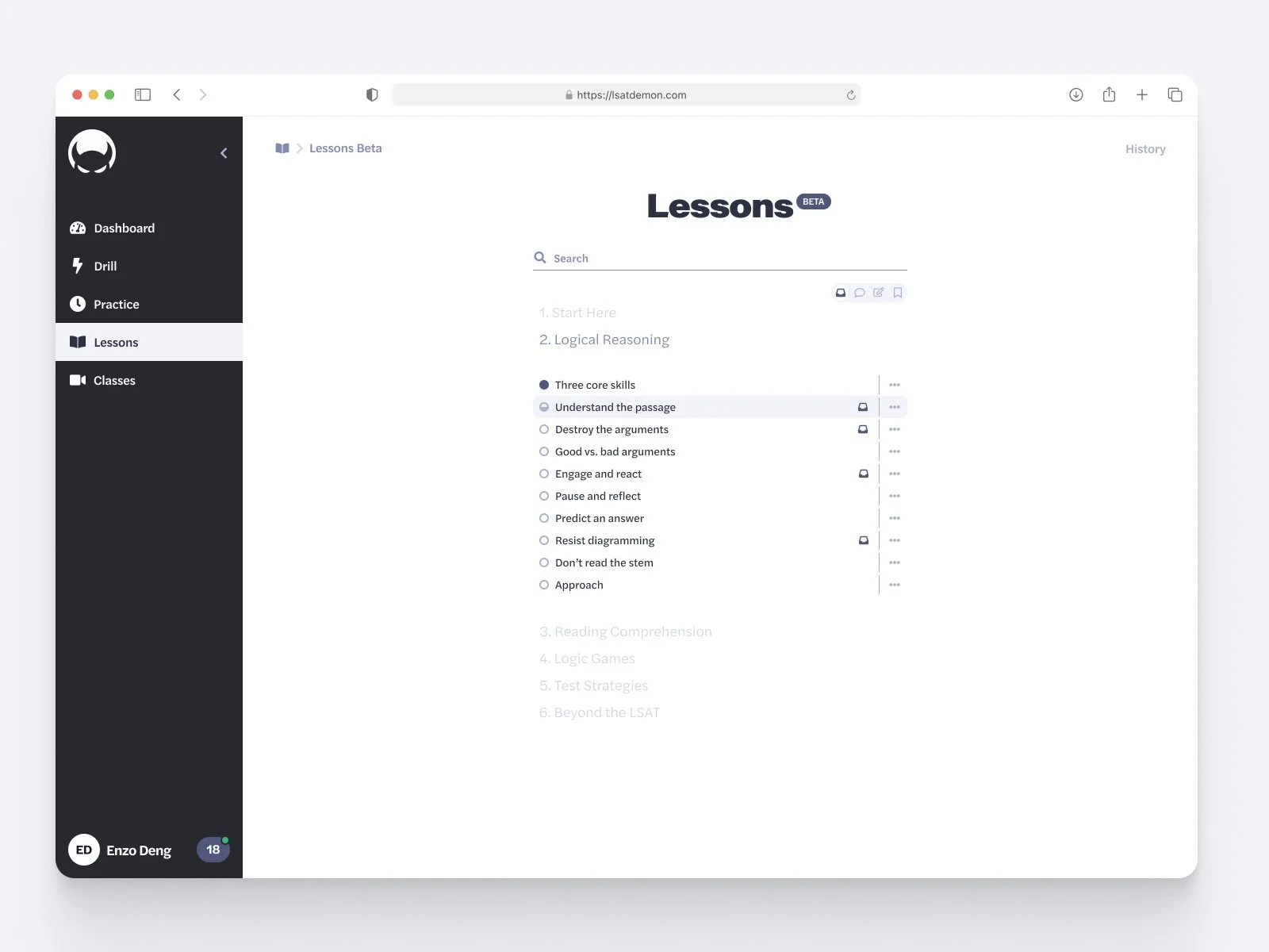 A screenshot of the lessons overview. We focused on making the experience simpler and clearer while still showing all the information students need.