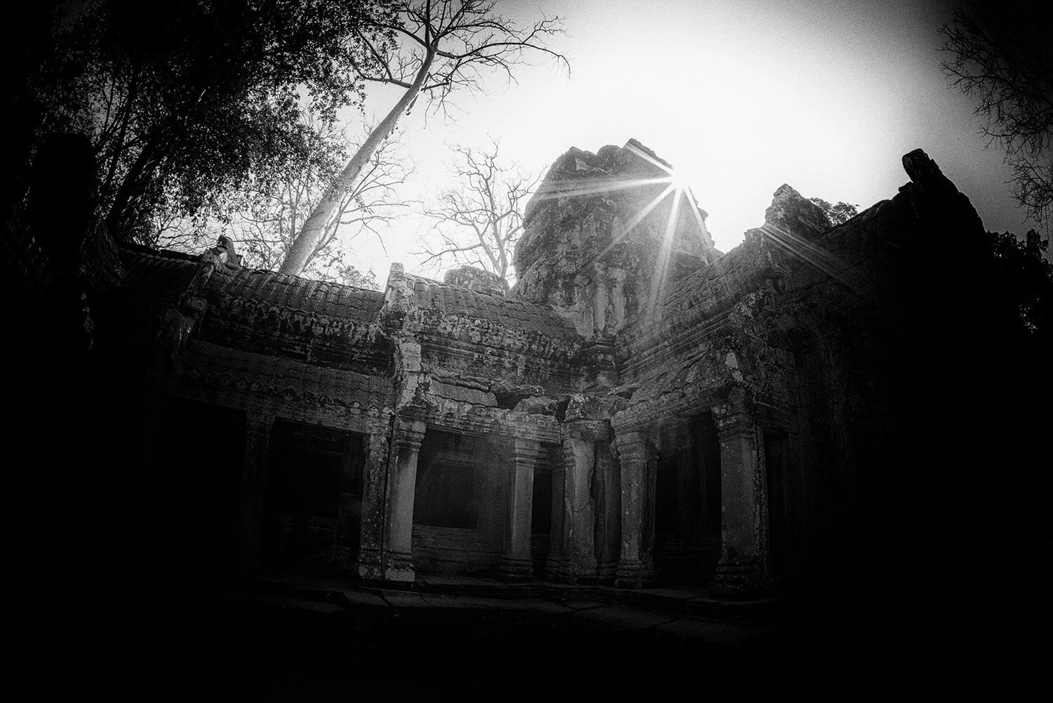  Black&White pinhole sunburst at Ta Prohm near Angkor Wat in Cambodia. 