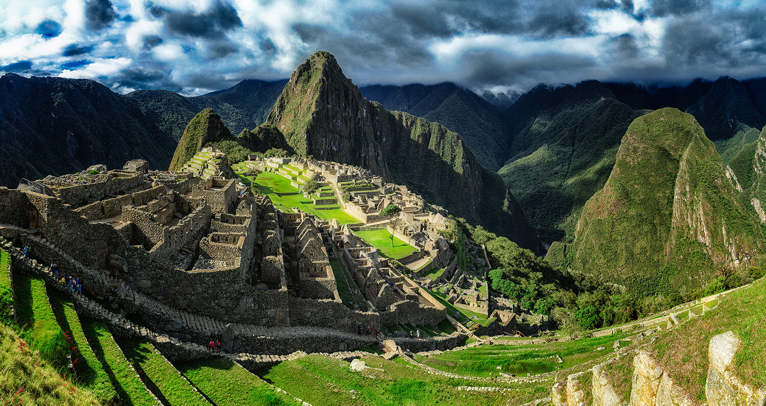  Panorama view of citadel of Machu Picchu with Huayna Picchu. 