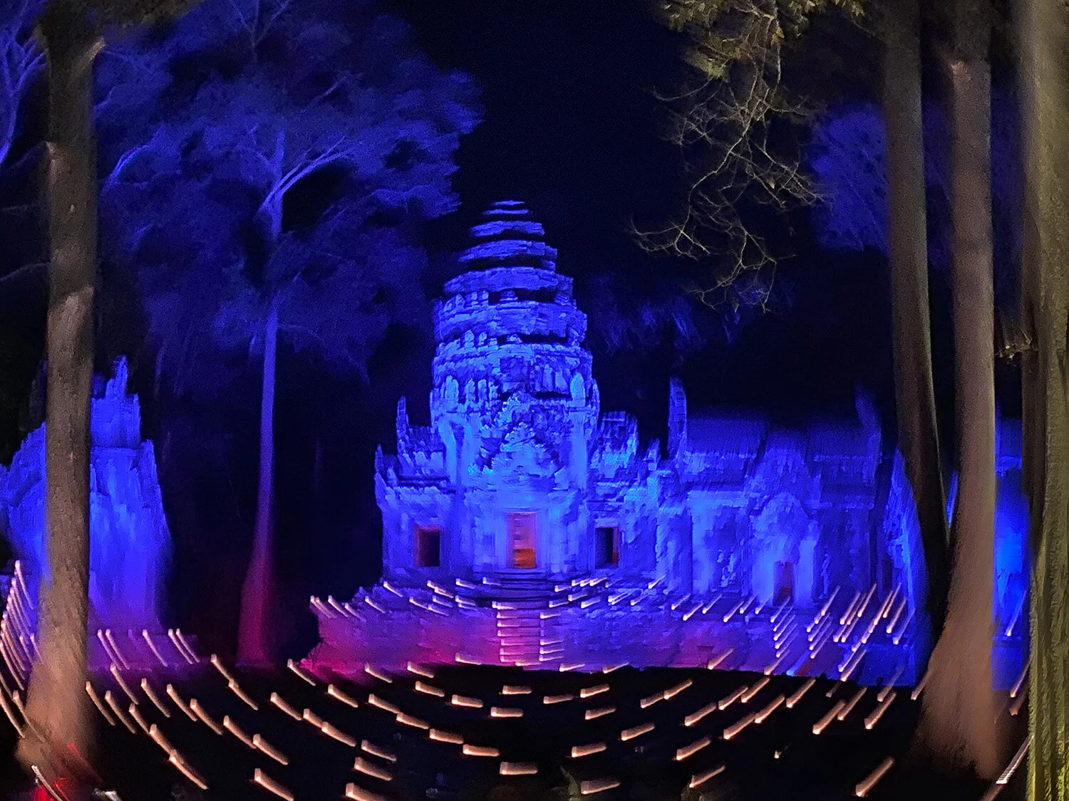  Thomson Temple complex outside Siem Reap, Cambodia lit for a special dance performance and dinner. 