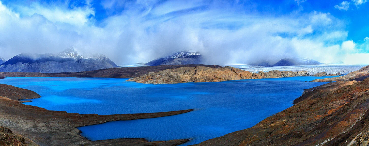  Panorama of Upsala Glacier and Lago Argentino in Los Glaciares National Park in Patagonian Argentina. 