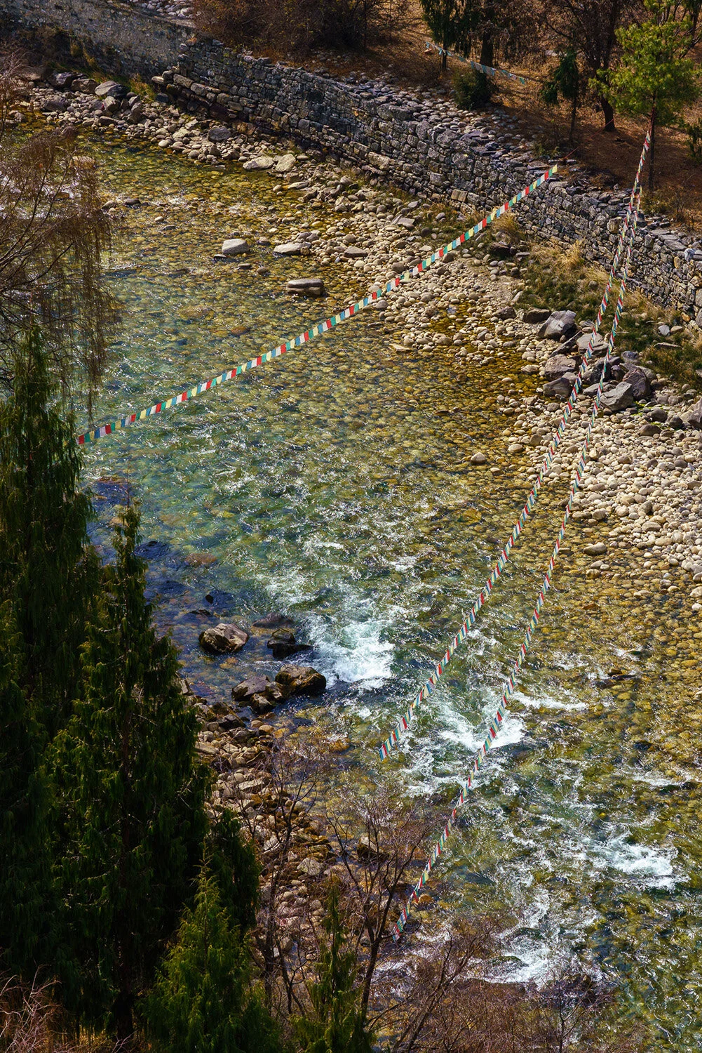  High angle view of prayer flags over Paro Chhu River in Paro, Bhutan. 