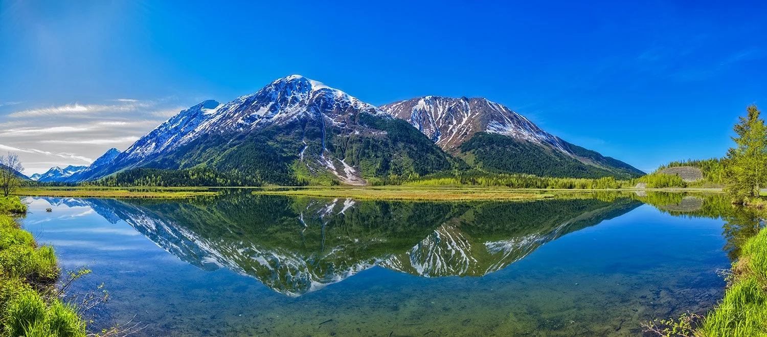 Panorama of Tern Lake at Moose Pass with Chugach Mountains on Kenai Peninsula, Alaska.