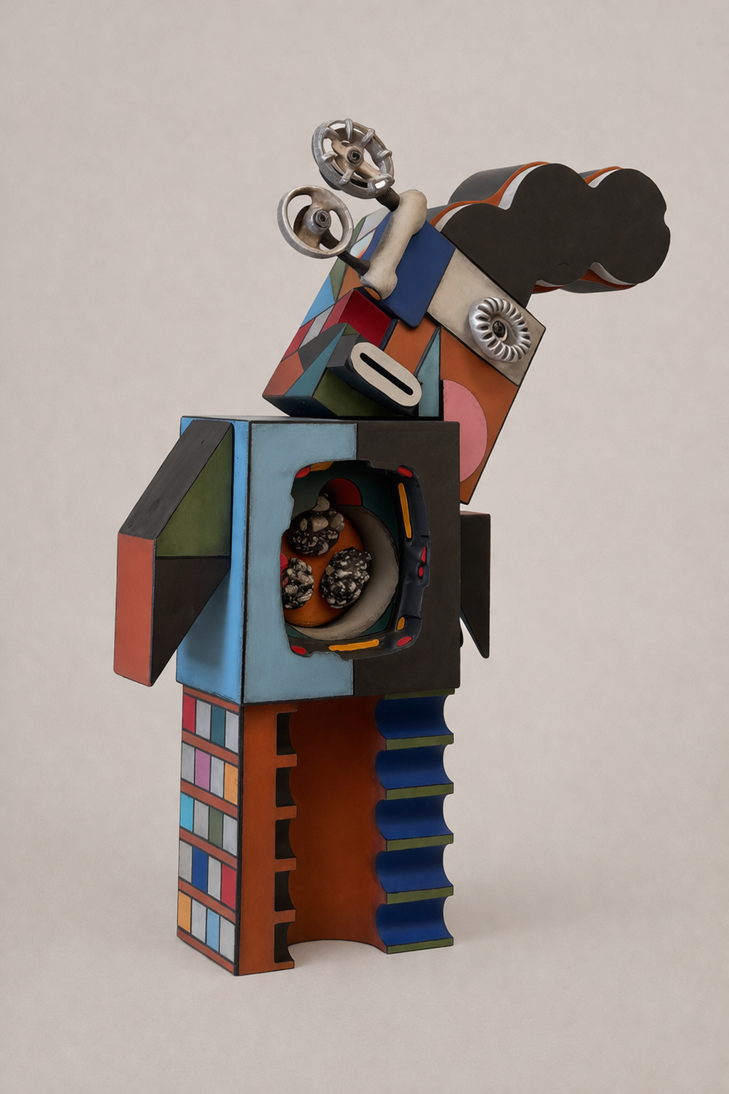 I've Seen Too Much, 21 x 17 x 4, painted foundry molds and found material, 2026