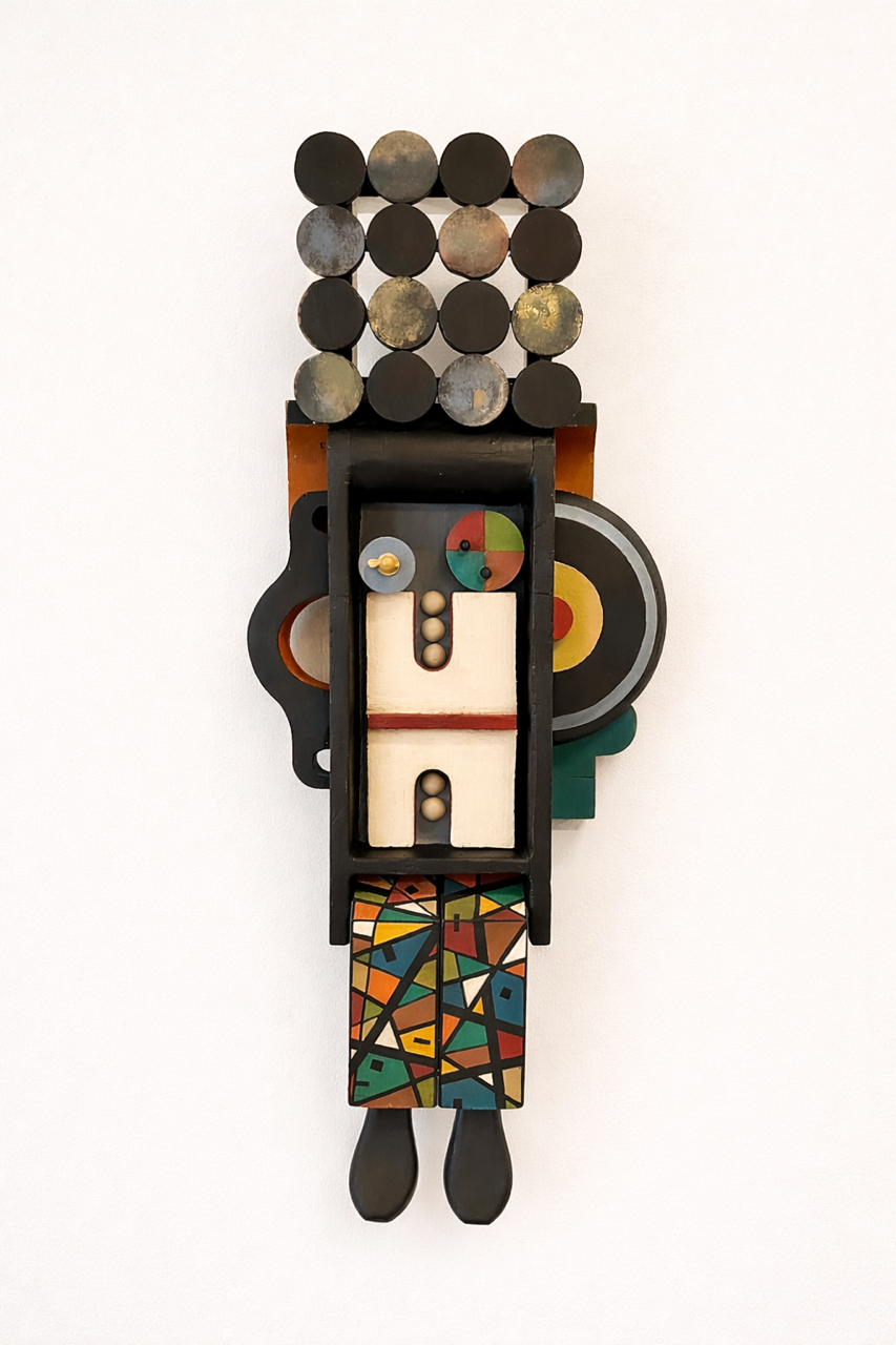 Ms Crazypants, 23.5 x 13.5 x 3, painted foundry molds and found material, 2024, wall mount, $1200