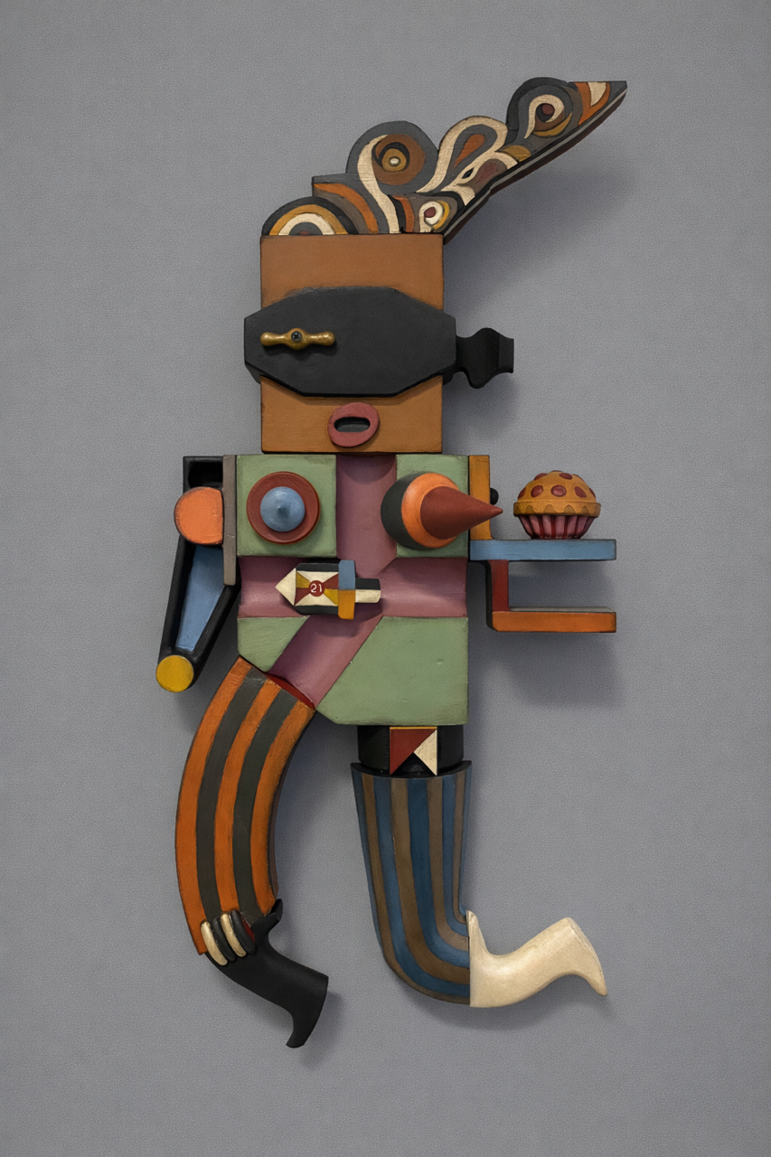 Pie Thief, 28 x 14 x 6.5, painted foundry molds and found material, 2024, $1400
