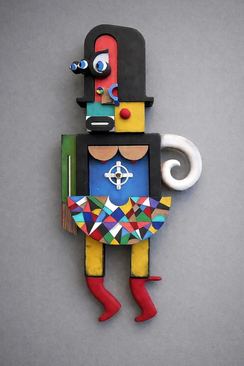 The Voyeur, 29.5 x 14.5 x 4, painted foundry molds and found material, 2025, $2400