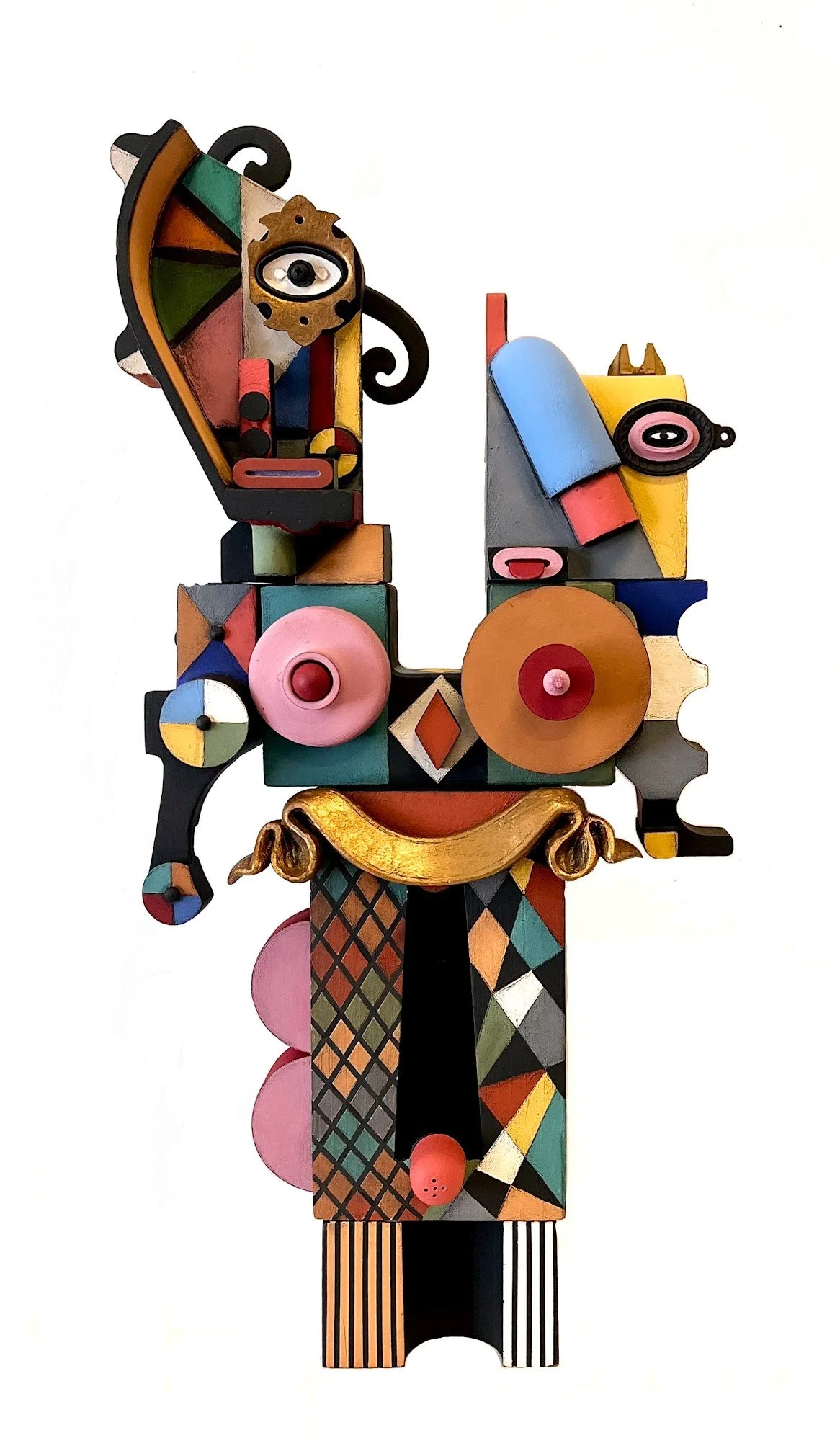 The Queen's Mask, 26 x 12 x 4, painted foundry molds and found material, 2025, $2500