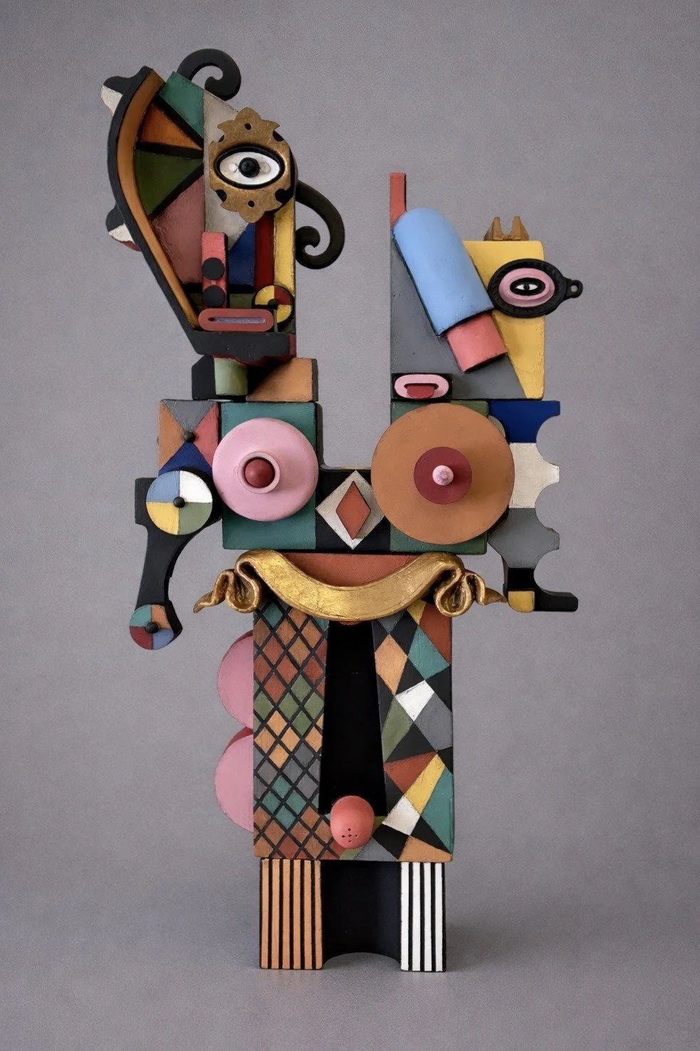 The Queen's Mask, 26 x 12 x 4, painted foundry molds and found material, 2025, $2500