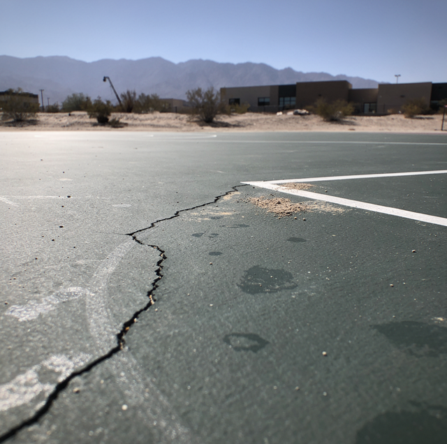 chalked tennis court baseline with dark jagged crack