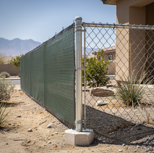 chain-link fence with windscreen fabric catching strong wind