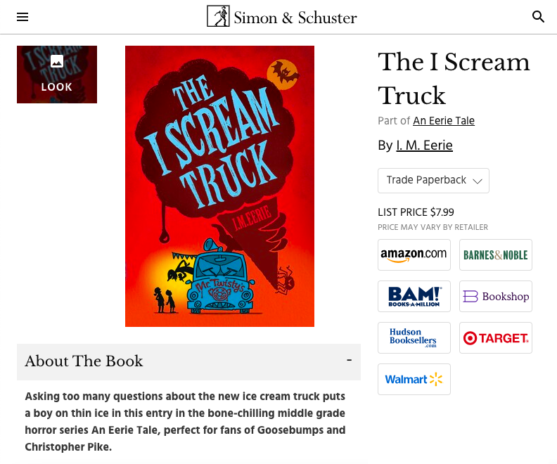 Simon & Schuster online listing for The I Scream Truck by I. M. Eerie